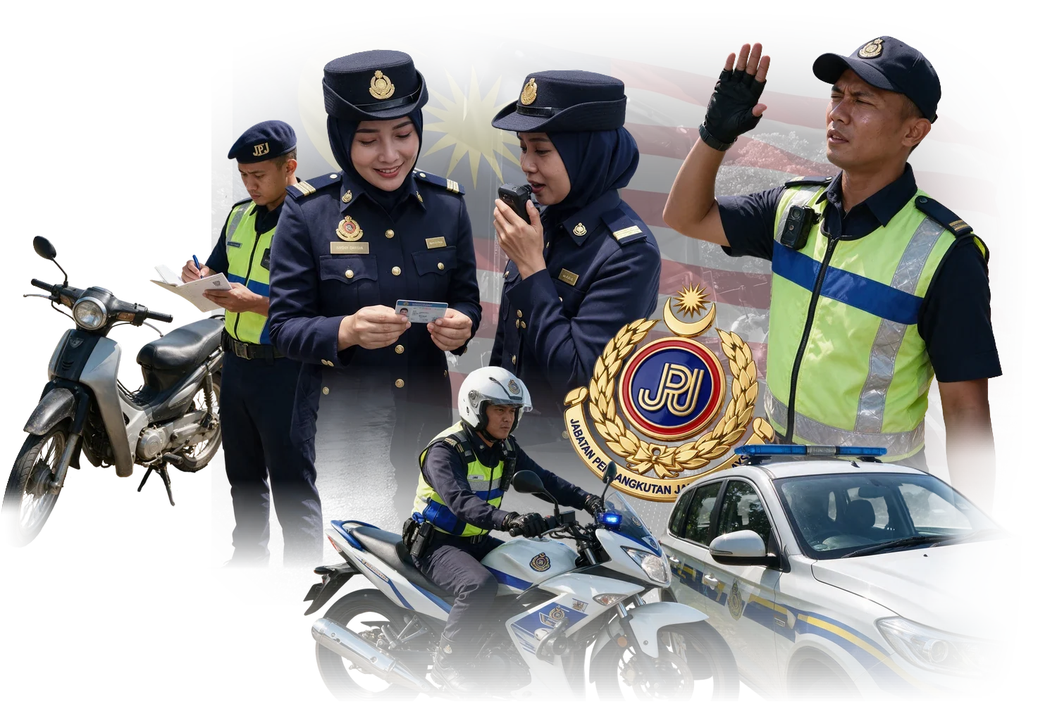 Pegawai JPJ bertugas: pemeriksaan lesen, penguatkuasaan dan peronda motosikal, dengan lencana JPJ, kereta peronda dan Jalur Gemilang
